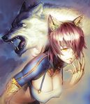  animal_ears breasts brown_hair cleavage covered_nipples cozy dual_persona fingernails hair_over_one_eye large_breasts lips long_fingernails original short_hair tattoo werewolf wolf wolf_ears yellow_eyes 