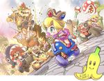  3girls artist_name baby banana_peel biker_clothes bikesuit blonde_hair blue_eyes bowser brown_hair chain_chomp cloud crown dutch_angle explosion go_kart green_eyes ground_vehicle hair_over_one_eye jewelry kiichi mario mario_(series) mario_kart monster motor_vehicle motorcycle multiple_boys multiple_girls mushroom pacifier panties pantyshot piranha_plant princess_daisy princess_peach racing racing_suit rosetta_(mario) short_hair signature super_mario_bros. super_mario_galaxy super_mushroom underwear wario warp_pipe younger 