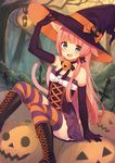  :d animal_ears bare_shoulders bell black_gloves blue_eyes boots cat_ears cat_tail choker colored_stripes cross-laced_footwear elbow_gloves fang gloves halloween hand_on_headwear hat ichijou_kokona jack-o'-lantern jingle_bell lantern long_hair looking_at_viewer md5_mismatch midorikawa_you multiple_tails open_mouth original pink_hair smile solo striped striped_legwear tail thighhighs tree witch_hat 