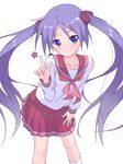  hiiragi_kagami k10k long_hair lucky_star pink_neckwear purple_eyes purple_hair ryouou_school_uniform school_uniform serafuku simple_background skirt smile socks solo star twintails white_background 