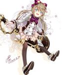  2014 academic_(dragon_nest) black_legwear blue_eyes bow brown_hair dated dragon_nest full_body gloves hair_bow long_hair meow miniskirt ribbon shoes signature single_glove skirt smile solo thighhighs twintails weapon white_skirt 