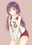  bad_id bad_pixiv_id blush breasts breath collarbone cowboy_shot green_eyes gym_shorts gym_uniform highres large_breasts long_hair looking_at_viewer love_live! love_live!_school_idol_project low_twintails nerunnn purple_hair shorts solo sportswear sweat thighs toujou_nozomi twintails v_arms volleyball volleyball_uniform 