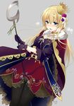  bad_id bad_pixiv_id black_legwear blonde_hair blue_eyes blush cape cowboy_shot crotch_rub crown dress flower fur_trim grey_background hair_flower hair_ornament long_hair mahou_tsukai_to_kuroneko_no_wiz masturbation masturbation_through_clothing open_mouth pantyhose saikawa_yusa scepter signature solo tears 