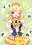  ;d blonde_hair cosplay cure_honey cure_honey_(cosplay) earrings food green_eyes hair_ornament hair_ribbon happinesscharge_precure! happy hoshii_miki idolmaster idolmaster_(classic) jewelry long_hair looking_at_viewer mobuko_(akita_komachi) one_eye_closed onigiri open_mouth ponytail precure puffy_sleeves ribbon shirt sketch skirt smile solo standing vest wrist_cuffs yellow_skirt 