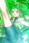  1girl 2014 bike_shorts blush choker cure_march dated eyelashes green green_choker green_eyes green_hair green_shorts green_skirt long_hair looking_at_viewer magical_girl midorikawa_nao ponytail precure shirt shorts shorts_under_skirt signature skirt smile_precure! solo tri_tails 