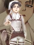  ascot belt black_eyes black_hair buckle cowboy_shot duster head_scarf ko_yu levi_(shingeki_no_kyojin) looking_at_viewer male_focus paradis_military_uniform pointing pointing_at_viewer shingeki_no_kyojin solo thigh_strap zoom_layer 