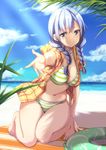  1girl arm_support barefoot beach beach_towel bikini bikini_under_clothes blue_sky braid breasts cleavage cloud commentary_request day girlfriend_(kari) green_bikini hair_tie hood hoodie horizon innertube kneeling light_purple_hair light_rays light_smile long_hair looking_at_viewer medium_breasts murakami_fumio navel no_pants ocean open_clothes open_shirt outdoors photoshop_(medium) plaid plaid_shirt purple_eyes reaching reaching_towards_viewer ryuzo shirt short_sleeves sky solo striped_bikini striped_clothes sunbeam sunlight swim_ring swimsuit towel twin_braids 