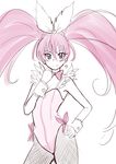  bakusai bare_shoulders blue_eyes bow bowtie breasts cleavage contrapposto cure_melody eyelashes fur_trim hand_on_hip happy heart houjou_hibiki leotard long_hair looking_at_viewer magical_girl pink_bow pink_hair pink_leotard pink_neckwear precure simple_background sketch skin_tight small_breasts smile solo standing suite_precure twintails white_background wrist_cuffs 