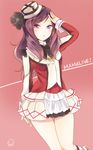  arm_up blush brown_hair cowboy_shot hat long_hair love_live! love_live!_school_idol_project mole mole_under_mouth nishikino_maki's_mother purple_eyes puzsan red_background signature skirt solo sore_wa_bokutachi_no_kiseki 