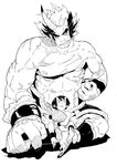  2boys bottle choko_(cup) fang father_and_son grin horns male male_focus monochrome monster_boy multiple_boys muscle oni original pointy_ears sake_bottle shirtless size_difference smile youkai zngo 