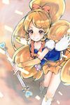  blonde_hair blush boots cure_honey earrings eyelashes hair_ornament hair_ribbon happinesscharge_precure! happy jewelry knee_boots kneehighs long_hair looking_at_viewer magical_girl oomori_yuuko ponytail precure puffy_sleeves ribbon shirt shori_(shorisax) skirt smile solo vest wrist_cuffs yellow_eyes yellow_skirt 