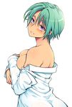  bare_shoulders blush breasts eroe green_hair medium_breasts naked_shirt parted_lips purple_eyes shirt short_hair simple_background smile solo upper_body white_background 