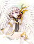  2014 aisha_(elsword) alternate_costume alternate_hair_color boots dated elsword expressionless knee_boots meow miniskirt purple_eyes short_hair signature skirt solo staff white_hair wings 