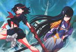  blue_eyes epaulettes fingerless_gloves gloves honnouji_gakuen junketsu kill_la_kill kiryuuin_satsuki long_hair matoi_ryuuko midriff multicolored_hair multiple_girls newtype official_art sakamoto_masaru school_uniform scissor_blade senketsu serafuku short_hair skirt sleeves_pushed_up suspenders sword textless two-tone_hair uniform watermark weapon 