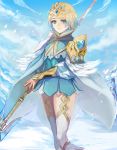  1girl absurdres blonde_hair blue_eyes blue_hair cape closed_mouth crown dress earrings feather_trim fire_emblem fire_emblem_heroes fjorm_(fire_emblem_heroes) gradient_hair highres holding holding_weapon jewelry kokouno_oyazi multicolored_hair nintendo polearm short_dress short_hair snow snowing solo spear weapon white_legwear 