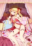  babydoll blonde_hair blush cranberry flandre_scarlet highres igakusei lying on_bed on_side open_mouth pillow red_eyes short_hair side_ponytail smile solo touhou underwear underwear_only wings 