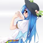  blue_hair blush food from_side fruit hat hinanawi_tenshi long_hair looking_at_viewer peach quality red_eyes shuizao_(little_child) sideways_mouth solo touhou 