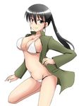  bikini black_eyes black_hair breasts cowboy_shot isosceles_triangle_(xyzxyzxyz) kitagou_fumika large_breasts leg_up long_hair looking_at_viewer navel open_clothes open_shirt ponytail shirt smile solo swimsuit white_background white_bikini world_witches_series 