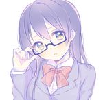  adjusting_eyewear bad_id bad_pixiv_id bespectacled black-framed_eyewear blue_hair blush bow face glasses highres looking_at_viewer love_live! love_live!_school_idol_project nerunnn otonokizaka_school_uniform school_uniform semi-rimless_eyewear sketch solo sonoda_umi under-rim_eyewear upper_body white_background yellow_eyes 