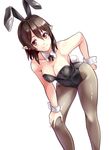  animal_ears bare_arms bare_shoulders bent_over black_legwear breasts brown_hair bunny_ears bunny_girl bunny_tail bunnysuit chaigidhiell cleavage collarbone fake_animal_ears highres leotard looking_at_viewer medium_breasts pantyhose pointy_ears red_eyes shameimaru_aya smile solo tail touhou wrist_cuffs 