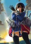  bad_id bad_pixiv_id black_hair black_legwear chain cloud garter_straps glove_in_mouth glove_pull gloves hat kantai_collection mouth_hold putting_on_gloves red_eyes seramikku short_hair sky solo sunset takao_(kantai_collection) thighhighs turret 