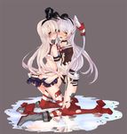  amatsukaze_(kantai_collection) bad_id bad_pixiv_id blonde_hair brown_hair gloves grey_hair hairband kantai_collection long_hair multiple_girls puririririn shimakaze_(kantai_collection) thighhighs torn_clothes two_side_up very_long_hair 