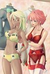  adjusting_bra adjusting_clothes blonde_hair blue_eyes bra breasts briefs brown_eyes cleavage clothes_rack dark_skin dress dress_removed dressing elphelt_valentine fitting_room garter_belt garter_straps guilty_gear guilty_gear_xrd lingerie long_hair multiple_girls navel panties pink_hair ramlethal_valentine red_bra red_panties short_hair siblings sisters thighhighs underwear underwear_only uzuki_asobin white_legwear yellow_bra yellow_briefs yellow_panties 