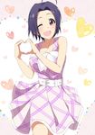  ;d ahoge bad_id bad_pixiv_id belt blush breasts dress heart heart_hands hitotsuki_nanoka idolmaster idolmaster_(classic) idolmaster_one_for_all large_breasts looking_at_viewer miura_azusa one_eye_closed open_mouth plaid plaid_dress purple_eyes red_eyes short_hair smile solo 