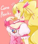  arakawa_tarou blonde_hair blush bow character_name choker cure_peach dress earrings eating english fresh_precure! hair_ornament highres jewelry long_hair looking_at_viewer magical_girl momozono_love pink_bow pink_choker pink_dress pink_eyes precure puffy_sleeves red_background simple_background solo twintails 