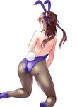  animal_ears ass back bare_arms bare_shoulders black_legwear blue_leotard brown_hair bunny_ears bunny_girl bunny_tail bunnysuit chaigidhiell fake_animal_ears hair_ribbon highres himekaidou_hatate kneeling leotard looking_at_viewer looking_back pantyhose purple_eyes ribbon solo tail touhou twintails 