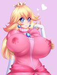  1girl blue_eyes blush breast_grab breasts elbow_gloves erect_nipples gigantic_breasts gloves grabbing heart huge_breasts jcdr lactation looking_at_viewer mario_(series) milk_leaking_through_clothing pixiv_manga_sample princess_peach resized solo super_mario_bros. 