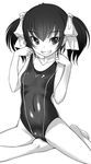  blush bosshi breasts collarbone competition_swimsuit covered_navel covered_nipples greyscale grin hair_ribbon jpeg_artifacts looking_at_viewer monochrome one-piece_swimsuit original ribbon short_hair sitting small_breasts smile solo swimsuit twintails white_background 