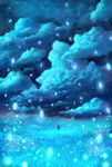  blue braid cloud cloudy_sky dress field grass highres light_particles long_hair night night_sky original sakimori_(hououbds) scenery single_braid sky solo star_(sky) starry_sky 