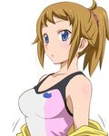  bare_shoulders blue_eyes body_blush brown_hair gundam gundam_build_fighters gundam_build_fighters_try hoshino_fumina looking_at_viewer parted_lips ponytail saitoyu00 simple_background solo sweat 