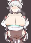  1girl :o blush breasts elbow_gloves eyes_closed female gigantic_breasts gloves kirin_(armor) namamo namamo_(kura) navel panties silver_hair skindentation solo sweat underwear 