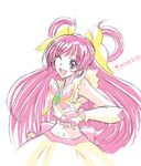 artist_name arudebido cure_dream earrings eyelashes hair_ornament hair_ribbon hair_rings happy jewelry long_hair looking_at_viewer magical_girl midriff navel one_eye_closed open_mouth pink_eyes pink_hair precure ribbon shirt simple_background sketch skirt smile solo white_background wrist_cuffs yes!_precure_5 yumehara_nozomi 