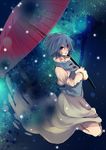  blue blue_eyes blue_hair commentary_request fading heterochromia highres karakasa_obake looking_at_viewer mirimo oriental_umbrella red_eyes short_hair skirt solo tatara_kogasa touhou umbrella 