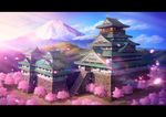  architecture building castle cherry_blossoms cherry_trees cloud east_asian_architecture highres landscape letterboxed mount_fuji mountain no_humans original river scenery sky stairs water wescap1 
