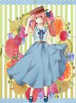  commentary food fruit hat moyashi_(shinonome) original personification pink_hair shirt skirt skirt_hold sleeveless sleeveless_shirt smile solo strawberry twintails 
