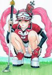  1girl crown golf_club hayami_jin highres long_hair one_piece panties pantyshot perona pink_hair pink_panties platform_footwear platform_shoes putter skirt solo squatting striped striped_panties twintails underwear upskirt very_long_hair white_panties 