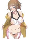  ban blue_eyes breasts brown_hair censored crotchless_pants gundam gundam_build_fighters gundam_build_fighters_try hoshino_fumina inverted_nipples jacket large_breasts looking_at_viewer midriff navel navel_piercing nippleless_clothes nipples open_clothes open_jacket pasties piercing ponytail pubic_hair pussy_juice solo sweat tank_top torn_clothes 