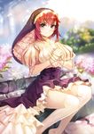  blue_eyes flower hands_clasped highres original own_hands_together puffy_sleeves rain_yoo red_hair rosary short_hair short_sleeves sitting skirt smile solo thighhighs 