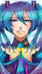  blue_eyes blue_hair blue_nails commentary cupping_hands hatsune_miku highres khaliqa_bell long_hair nail_polish necktie solo suggestive_fluid twintails vocaloid wide_sleeves 