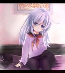  bad_id bad_pixiv_id bed blue_eyes blush hat hat_removed headwear_removed hibiki_(kantai_collection) kantai_collection letterboxed long_hair looking_at_viewer neckerchief on_bed pantyhose school_uniform serafuku silver_hair sitting sitting_on_bed skirt solo sugar_(sugar17) translation_request 