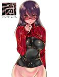  black_shirt blush bottomless breasts clothes_lift clothes_pull hair_between_eyes jpeg_artifacts large_breasts long_hair long_sleeves original purple_hair red_eyes shirt solo striped striped_sweater sweatdrop sweater sweater_lift sweater_pull tokita_monta white_background 