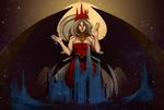  aqua_eyes bad_deviantart_id bad_id breasts cleavage commentary demon_wings dizmathik dress earrings fingernails full_moon glowing glowing_eyes grey_hair jewelry large_breasts long_fingernails moon necklace red_dress shinki side_ponytail tattoo touhou touhou_(pc-98) wings 