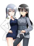  asymmetrical_docking aurora_e_juutilainen black_eyes black_hair black_legwear breast_press breasts cosplay costume_switch cowboy_shot crotch_seam grey_eyes grey_legwear hand_on_hip isosceles_triangle_(xyzxyzxyz) kitagou_fumika long_hair looking_at_viewer medium_breasts military military_uniform multiple_girls one-piece_swimsuit open_clothes open_shirt pantyhose pouch school_swimsuit shirt shirt_lift silver_hair simple_background smile swimsuit symmetrical_docking uniform white_background world_witches_series 