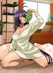  blue_eyes breasts dark_skin food fruit grapes ikkitousen kan&#039;u_unchou kan'u_unchou large_breasts licking long_hair official_art purple_hair solo tongue 