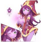  bad_id bad_pixiv_id character_name covering covering_breasts english green_eyes hat heart highres league_of_legends long_hair lulu_(league_of_legends) mhz no_pants one_eye_closed open_clothes open_mouth pointy_ears purple_hair purple_skin shiny shiny_skin shirt_pull solo 