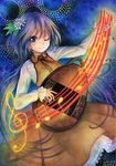  biwa_lute brown_dress dress flower hair_flower hair_ornament instrument long_hair long_sleeves lute_(instrument) mosho musical_note one_eye_closed purple_eyes purple_hair shirt smile solo touhou traditional_media tsukumo_benben twintails very_long_hair watercolor_(medium) 